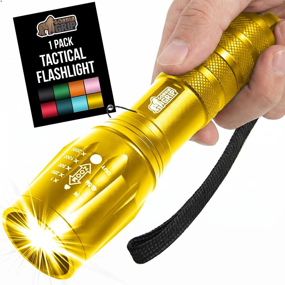 GORILLA GRIP Powerful LED Tactical Flashlight, 750 FT High Lumens 5 Adjustable M