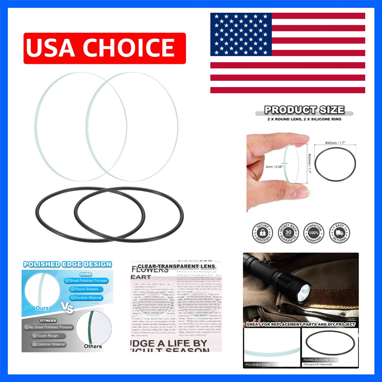1.65″ Dia LED Lens, 2 Set Polished Edge Flashlight Glass Lens with Silicone R…