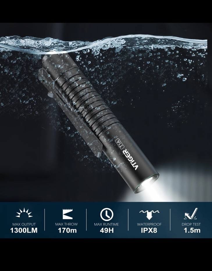 VTiGER T1A Compact EDC Flashlight w/ USB-C Rechargeable + Clip & Magnetic Base