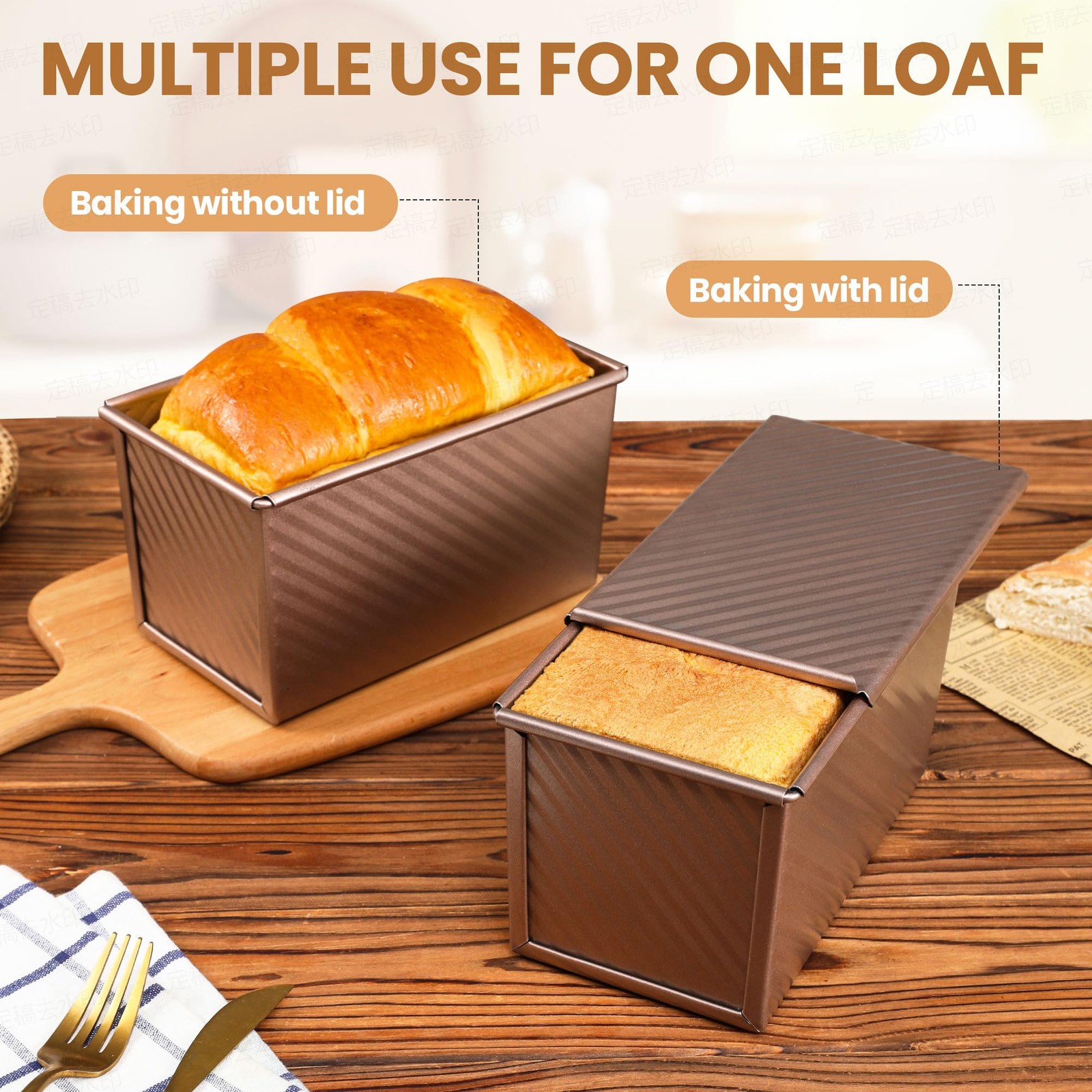 Yupjlia Pullman Loaf Pan with Lid, Premium 1 Large, 1LB Dough Capacity, Gold