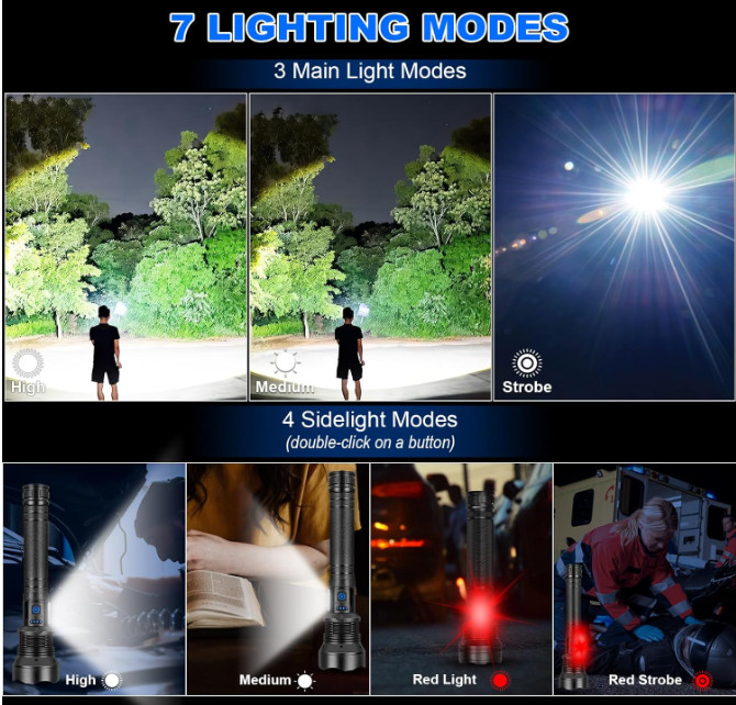 Linterna LED recargable 99.000 lúmenes, 7 modos, IPX6, ideal para camping. Negro