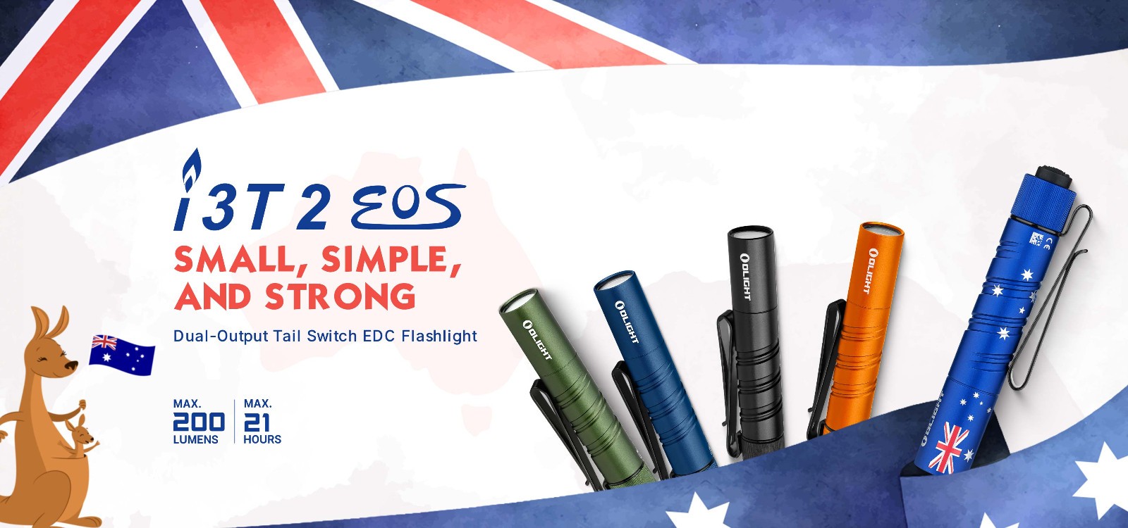 Olight I3T 2 EOS Australian Flag Dual-Output Tail Switch Flashlight, 200/300 Lum
