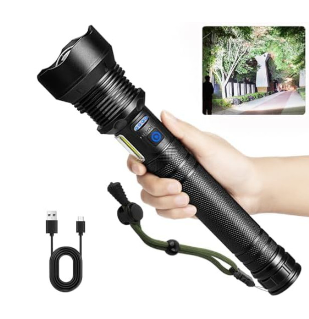 Linterna LED recargable 99.000 lúmenes, 7 modos, IPX6, ideal para camping. Negro