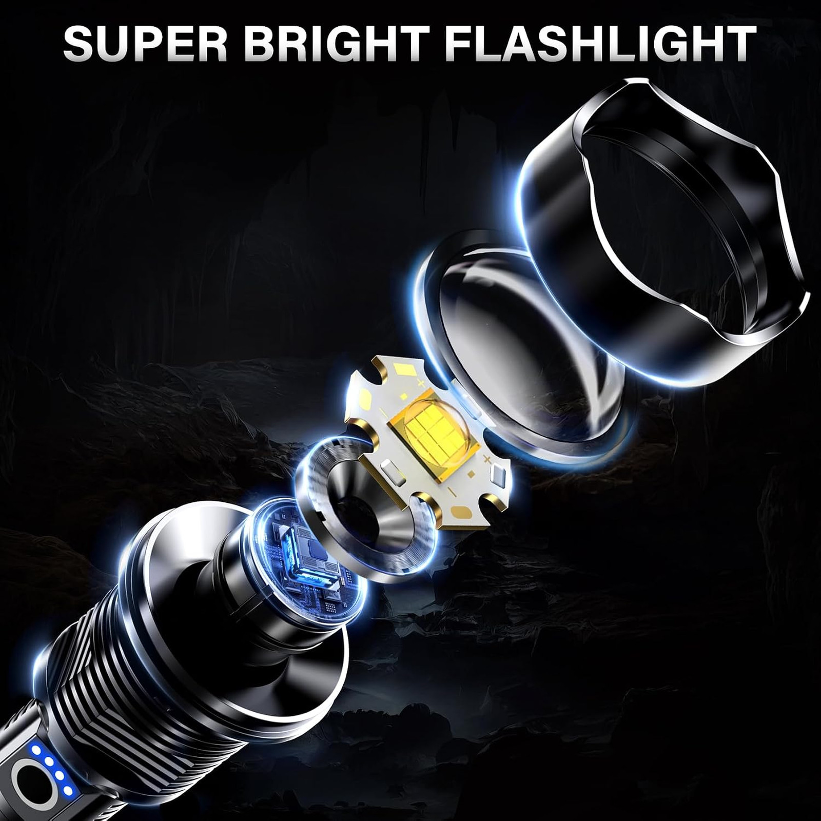 Rechargeable LED Flashlight High Lumens, Waterproof Tactical Zoomable with USB