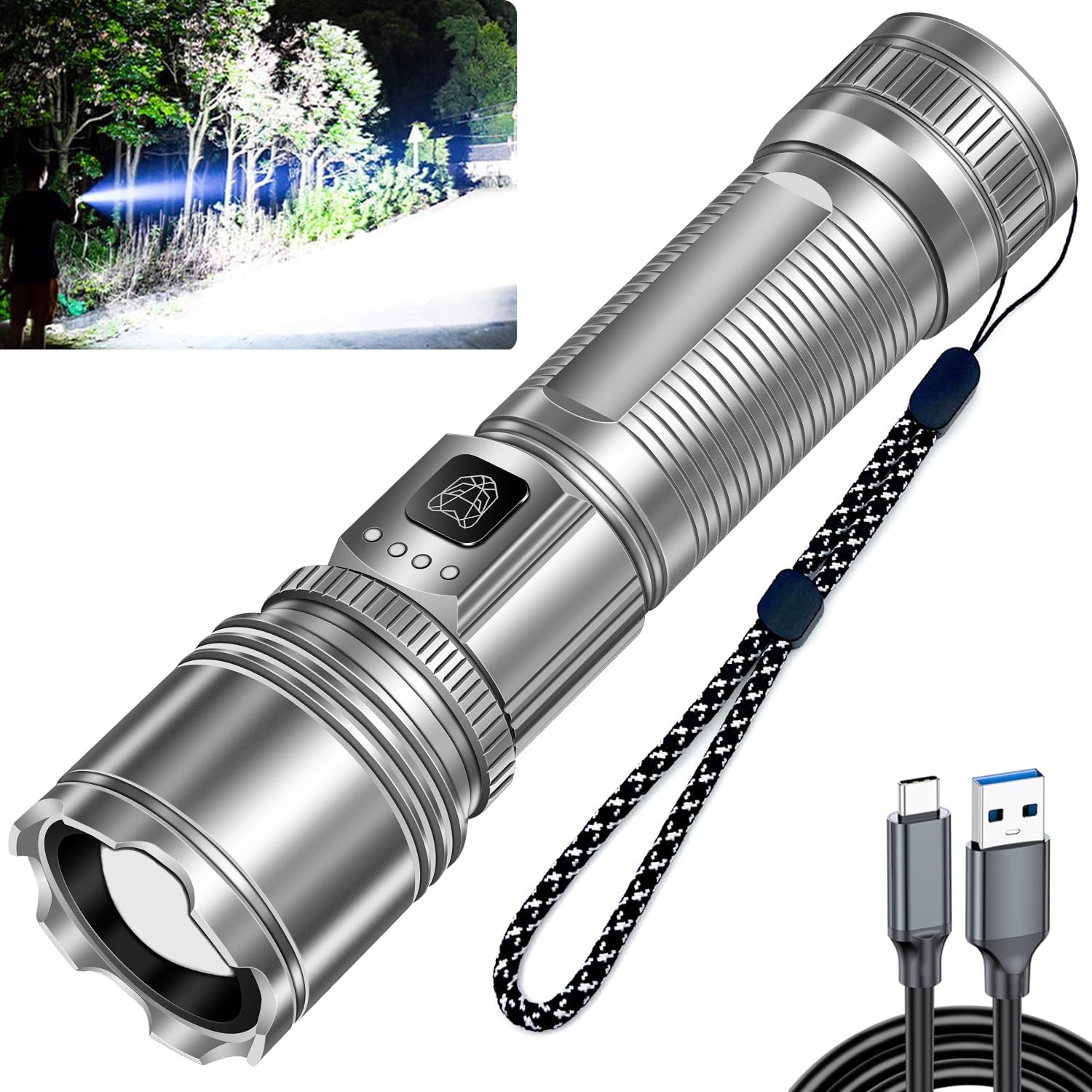 StarLume LED Rechargeable Flashlights High Lumen, 90000lm Standard, Silver