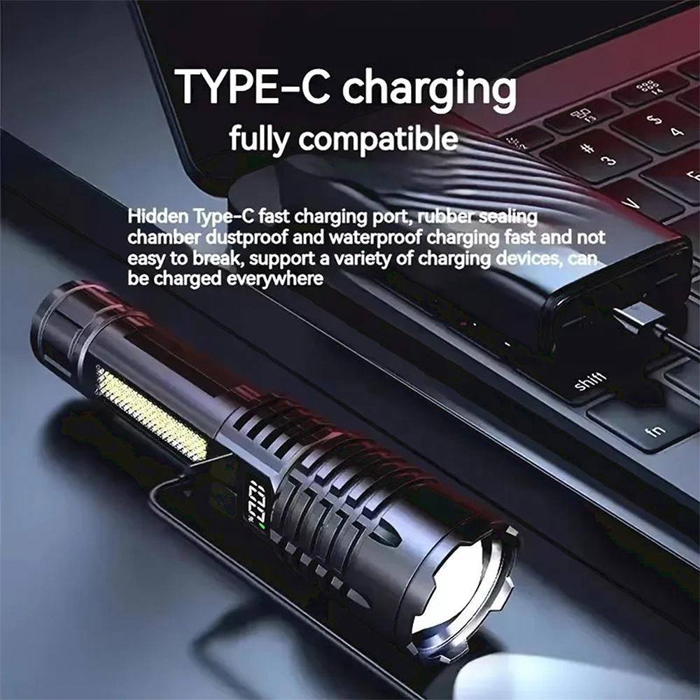 High Power LED Flashlight Type-C Rechargeable COB Torch with Side Light