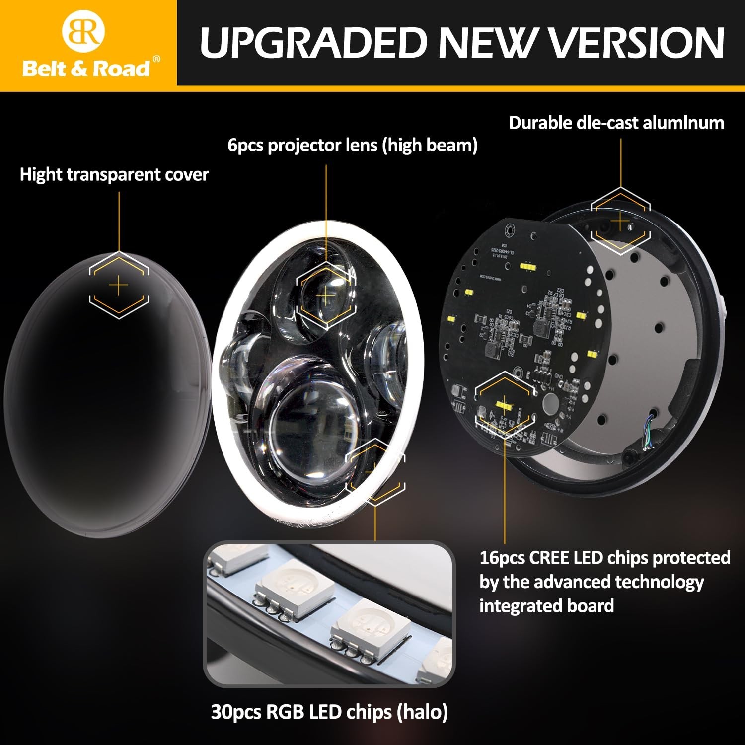 5 3/4” 5.75 inch LED Headlight with White Amber Halo – 4pcs Hi/Lo Beam with …