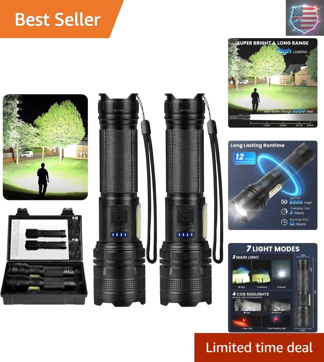Rechargeable LED Flashlights High Lumens, 90000LM Super Bright Flashlights wi…