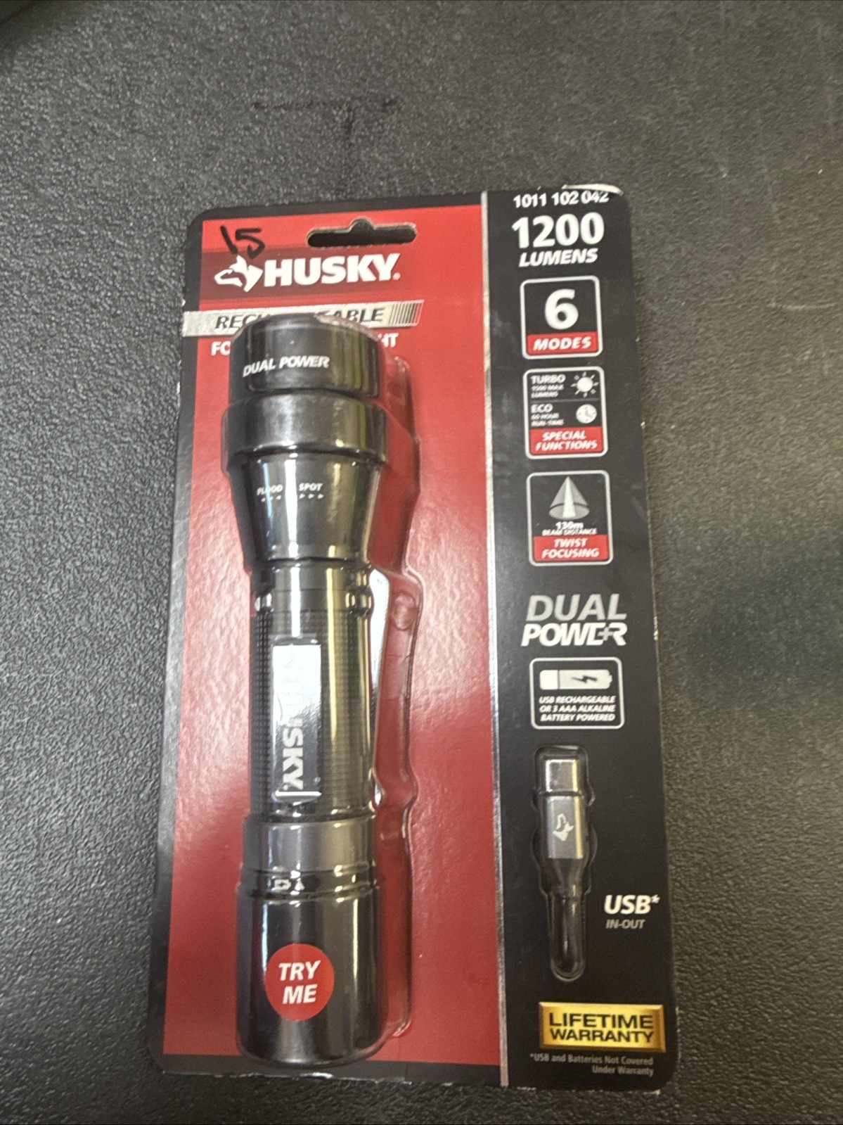 Husky 1200 Lumens Dual Power LED Rechargeable Focusing Flashlight