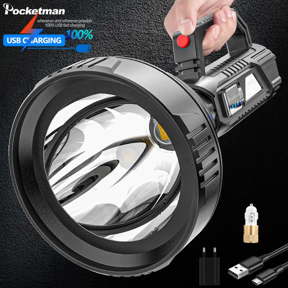 100000LM LED Searchlight USB Rechargeable Flashlight Torch with Built-in Battery