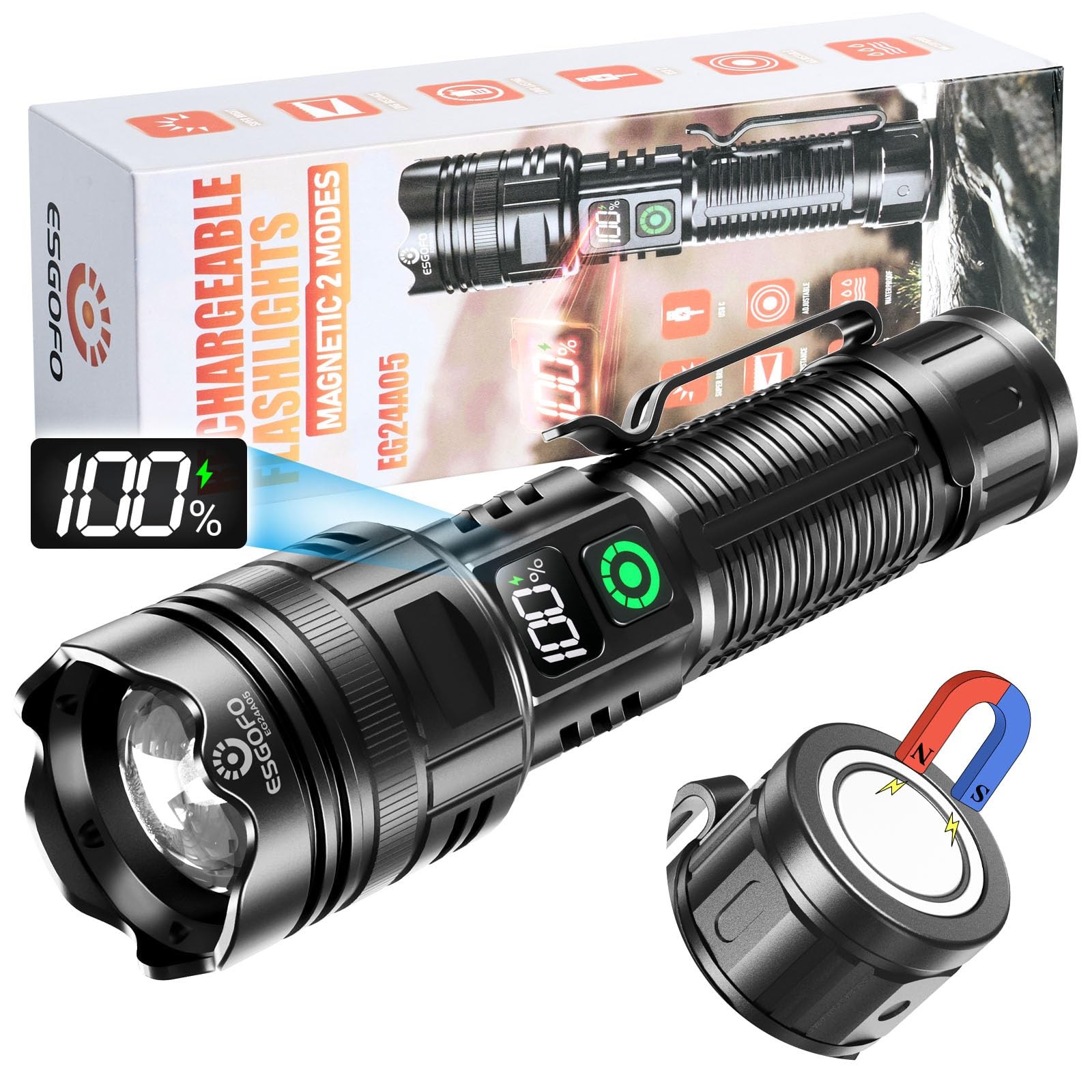 Esgofo Rechargeable Flashlights High Lumens 100000 2 Modes High/Low, Super Br…
