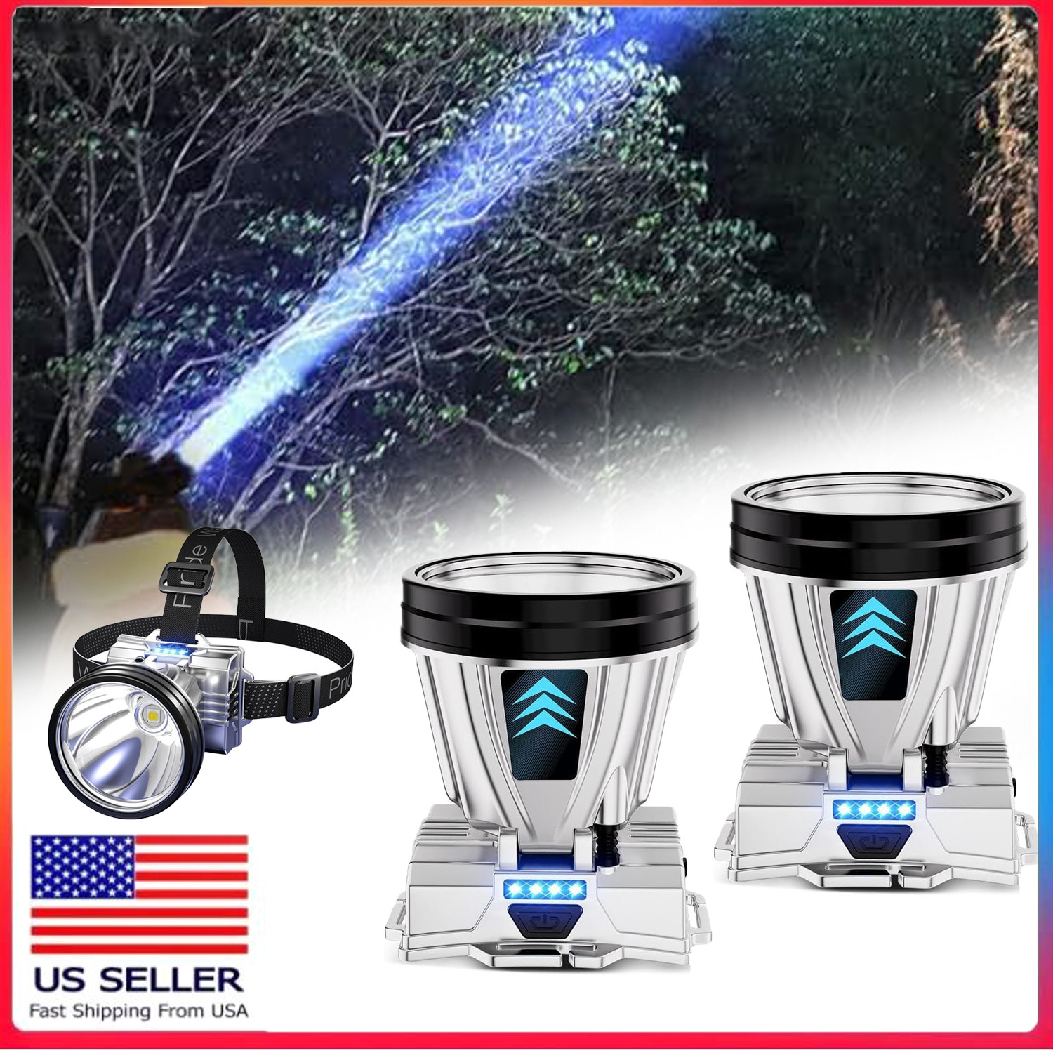 2x 90000Lumen Super Bright Rechargeable High Power Headlamp High Power Head Lamp