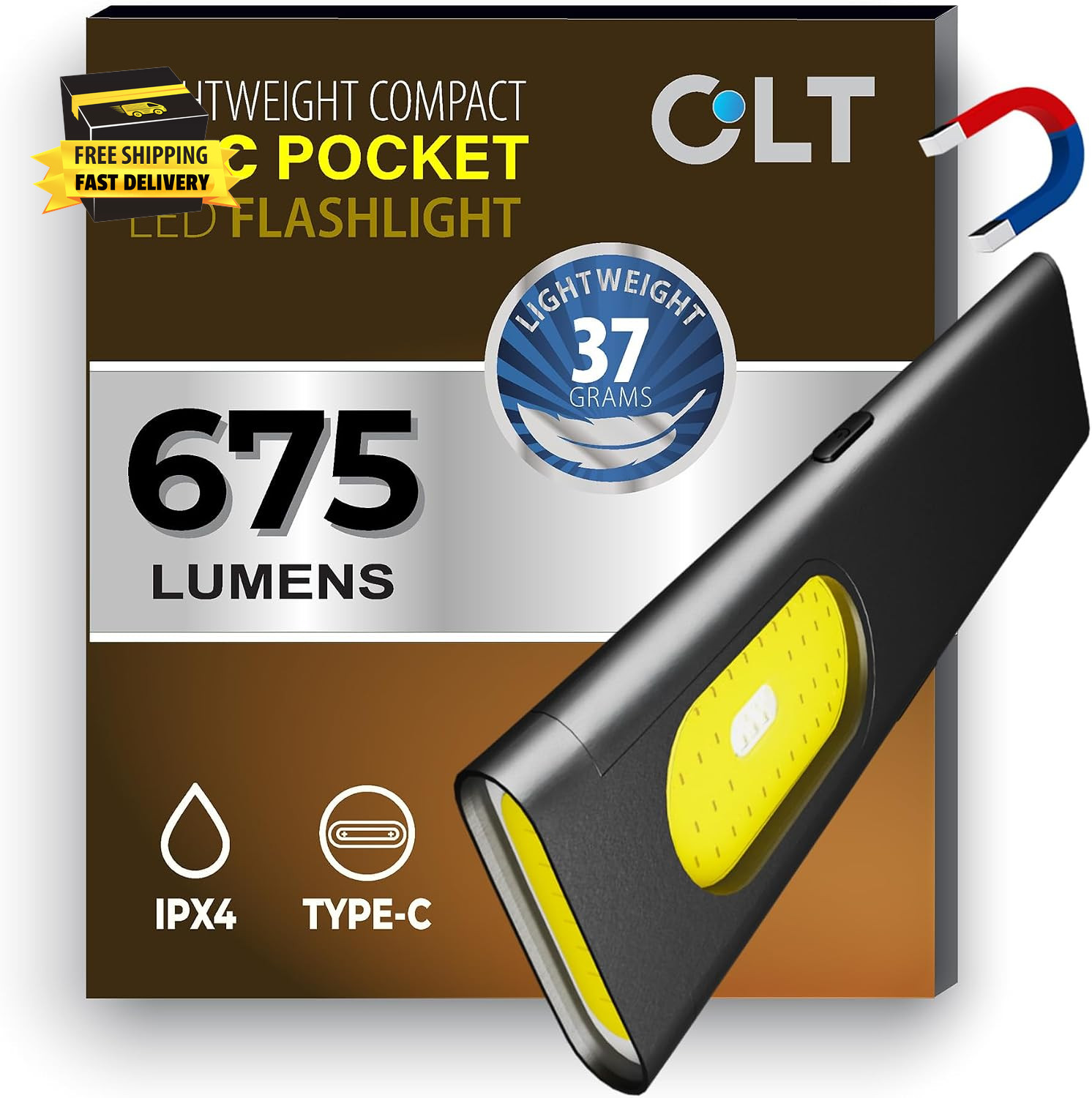 CLT Compact Multi-Mode Pocket LED Flashlight, Rechargeable USB C, IPX4 Water Res