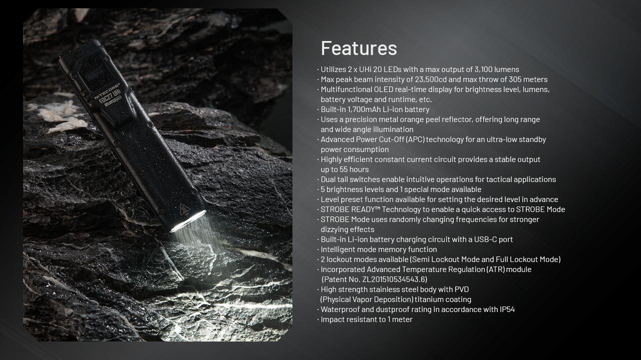 Nitecore EDC27 UHi Ultra Slim Tactical EDC Flashlight -3100 Lumens w/ Eco-Sensa