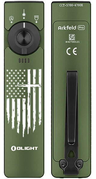 Olight Arkfeld Pro OD Green CW w/Amercian Flag, LED Light/UV/Green Beam, 1300Lum