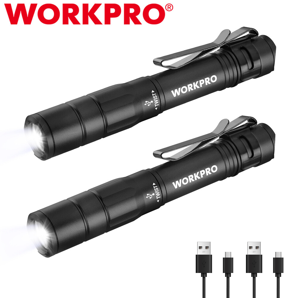 WORKPRO 2Pack Rechargeable Pen Light Handheld Pocket Flashlight 4 Lighting Modes