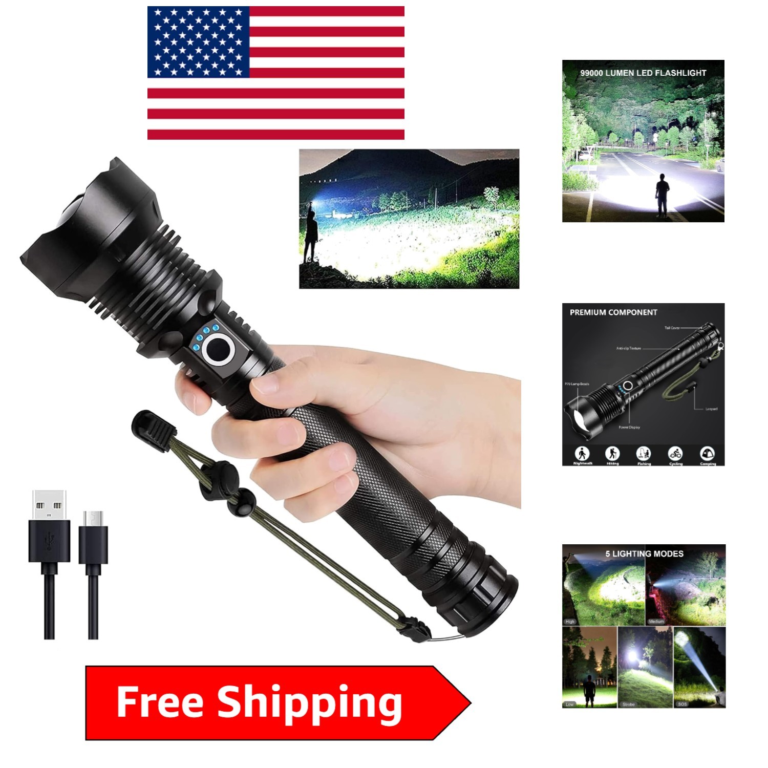 Compact 99,000 Lumens LED Flashlight – Rechargeable, 15-Hour Runtime, Waterproof