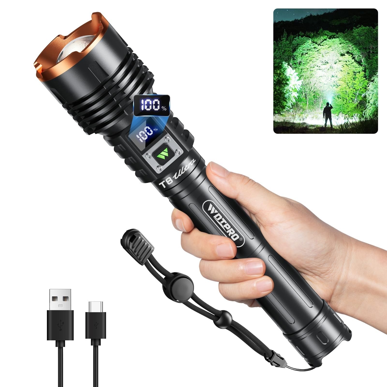 WdtPro Rechargeable LED Flashlight 90000LM Waterproof 5 Modes