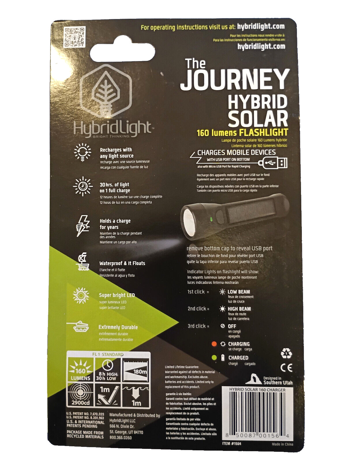 NEW HybridLight Journey Solar Flashlight 160 Lumens USB Phone Charger Waterproof