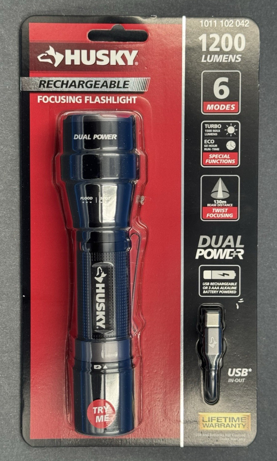 Husky 1200 Lumens Dual Power LED Rechargeable Focusing Flashlight New