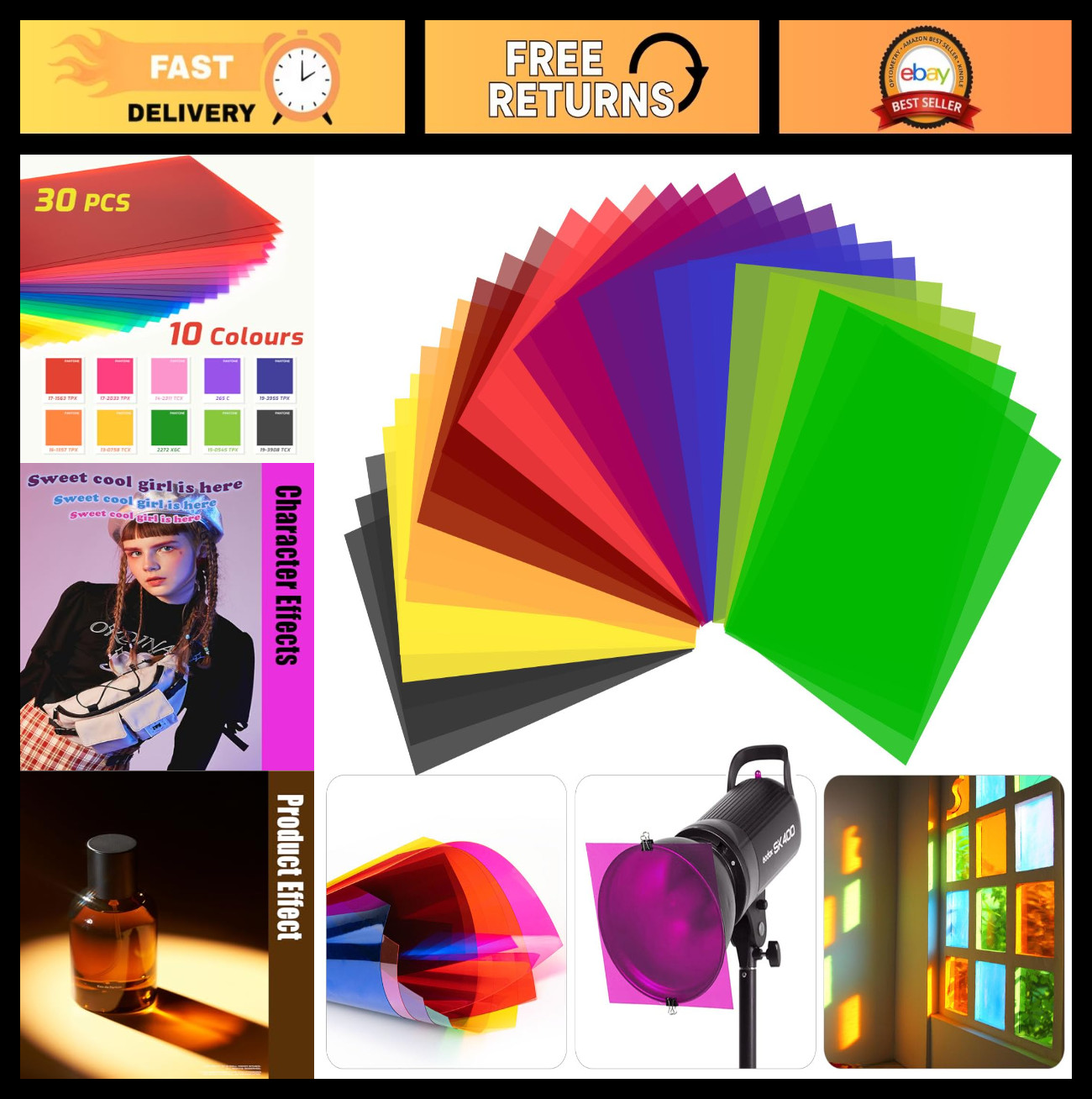 30 Pcs Color Correction Gel Light Filters – 10 Colors A4 Transparency Sheets