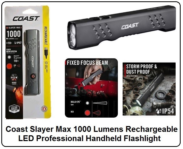 Coast Slayer Max 1000 Lumens Rechargeable LED Professional Handheld Flashlight