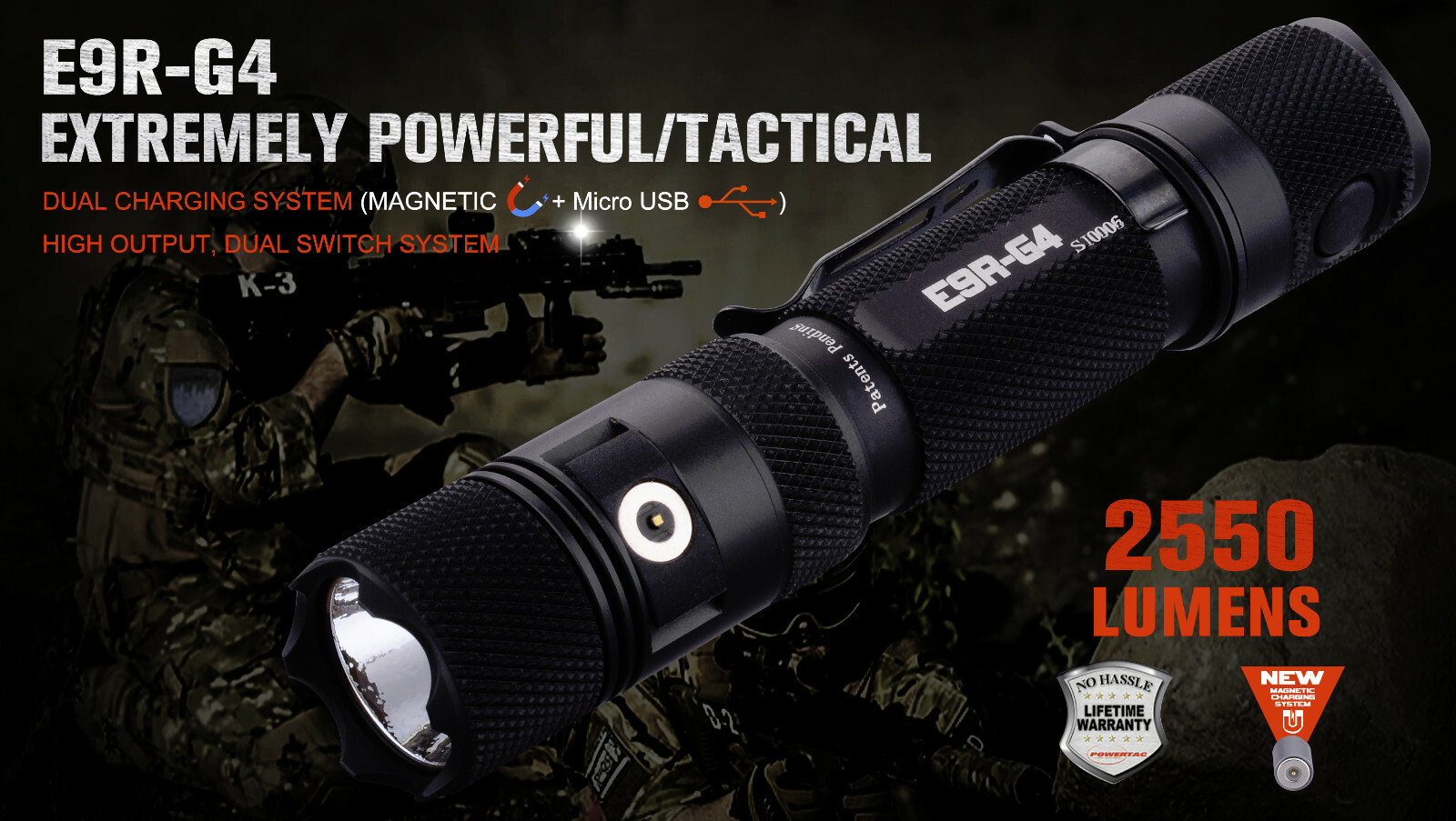 Powertac E9R G4 2550 Lumen USB Rechargeable LED Flashlight w/ Hard Shell Holster