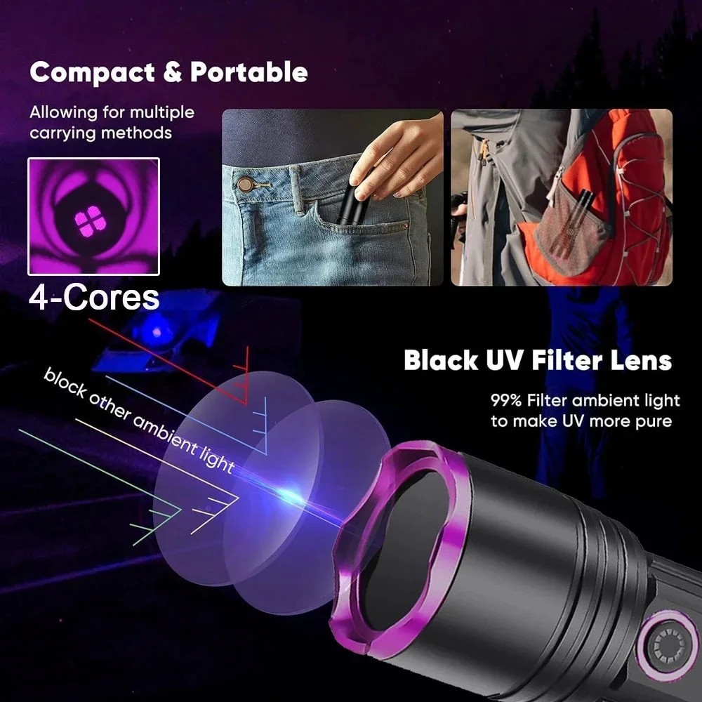 365nm UV Flashlight Black Light Super Bright 80W Rechargeable LED Detector Torch