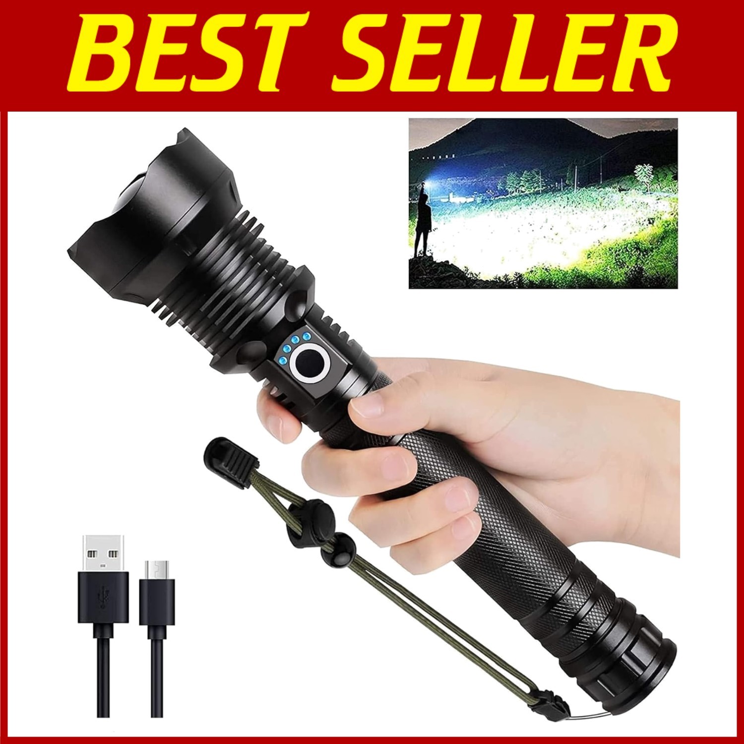 High Lumen Handheld Flashlight for Camping, 90,000 Lumens