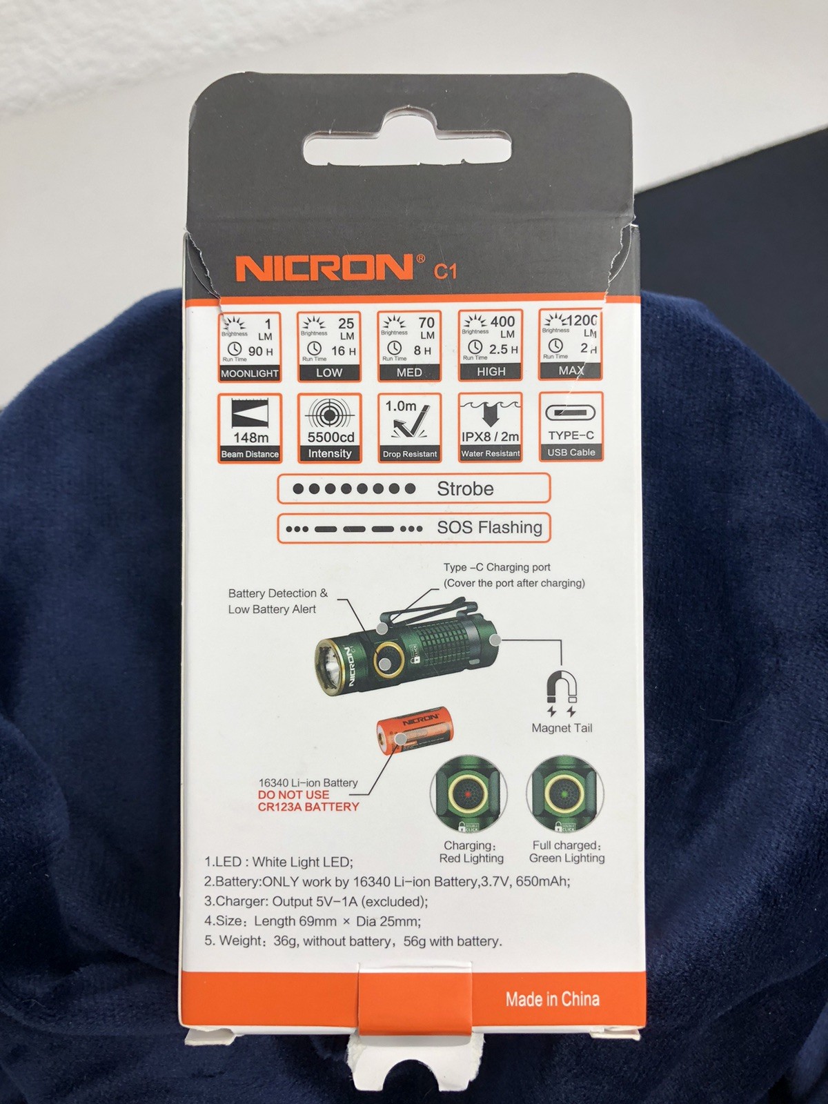Nicron C1 Rechargeable Pocket Flashlight EDC 1200lm 90h 56g Type-C Port Open Box
