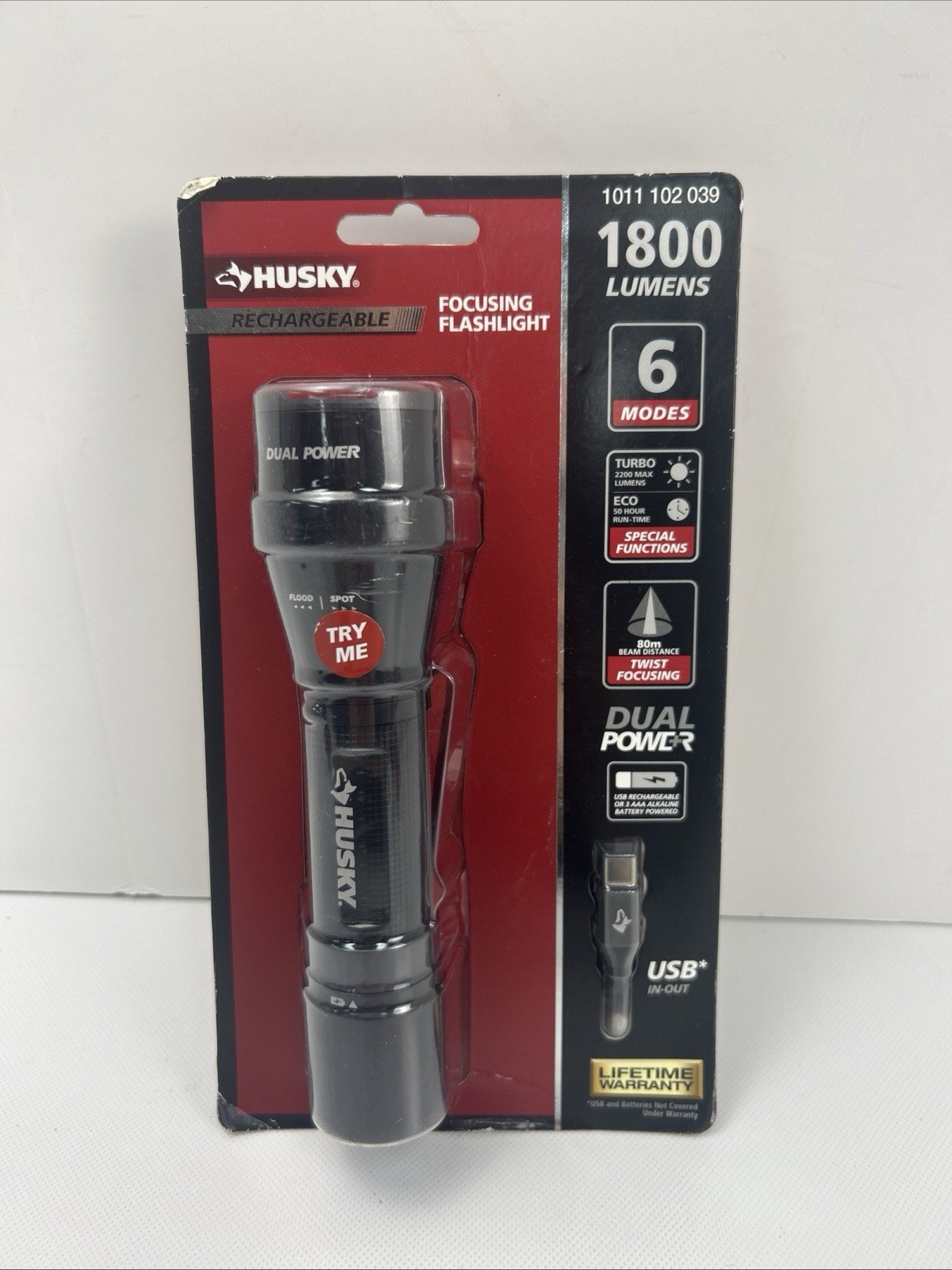 Husky 1800 Lumens Dual Power LED Rechargeable Lithium Ion Focusing Flashlight