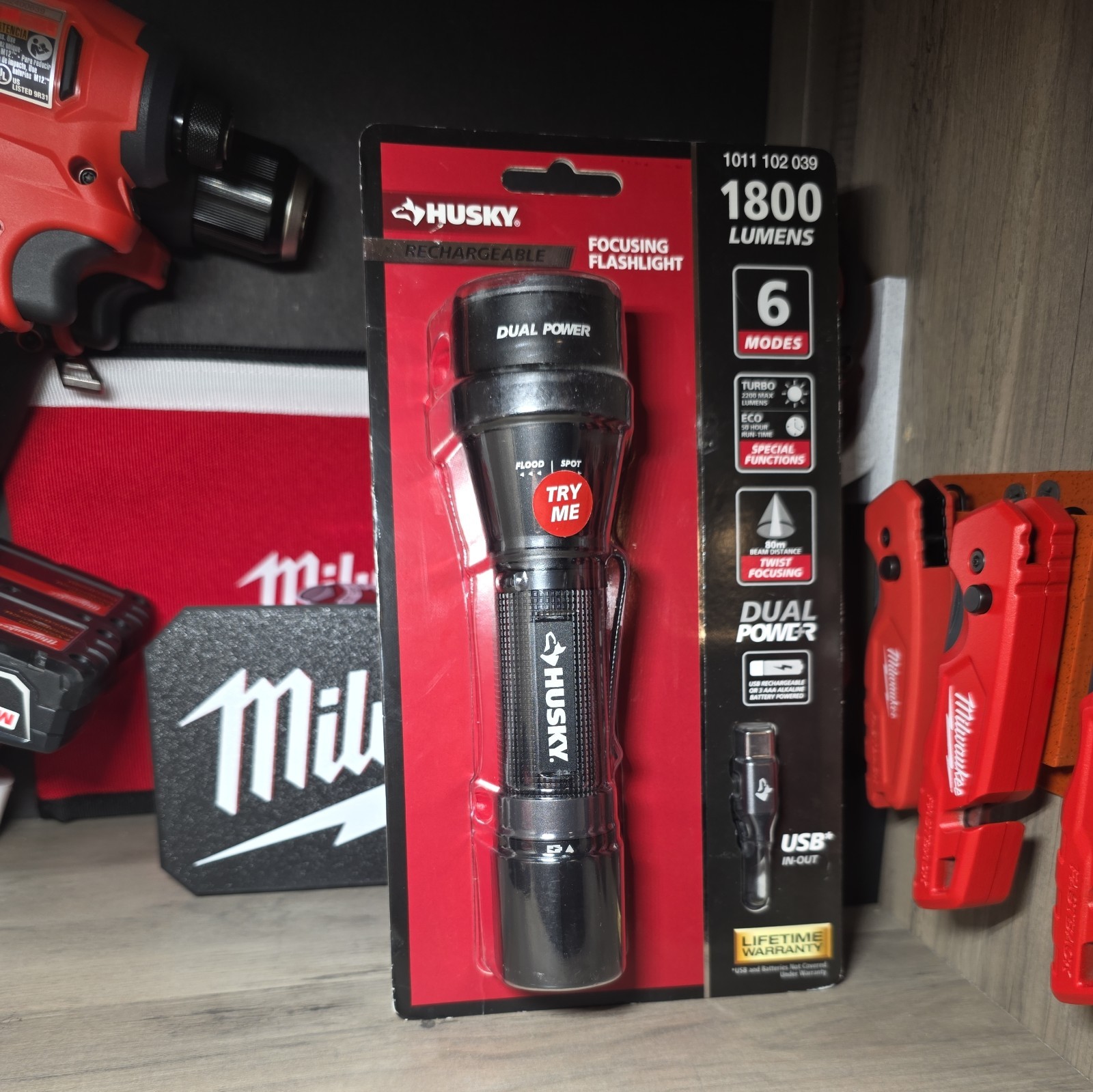 Husky 1800 Lumens Dual Power LED Rechargeable Tactical Focusing Flashlight