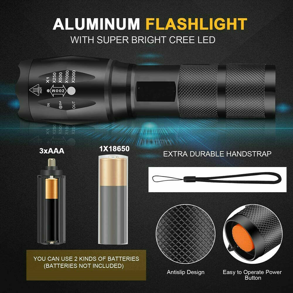 Super-Bright LED Tactical Flashlight 5 Modes Zoomable 2-Pack