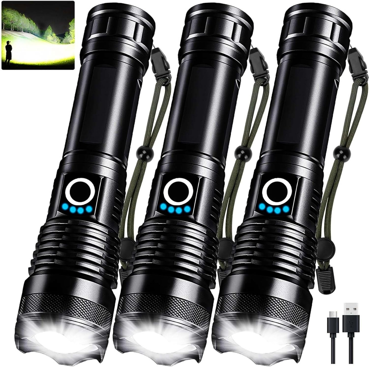 3 Pack Rechargeable Flashlights High Lumens 90000LM Super Bright LED Flashlight