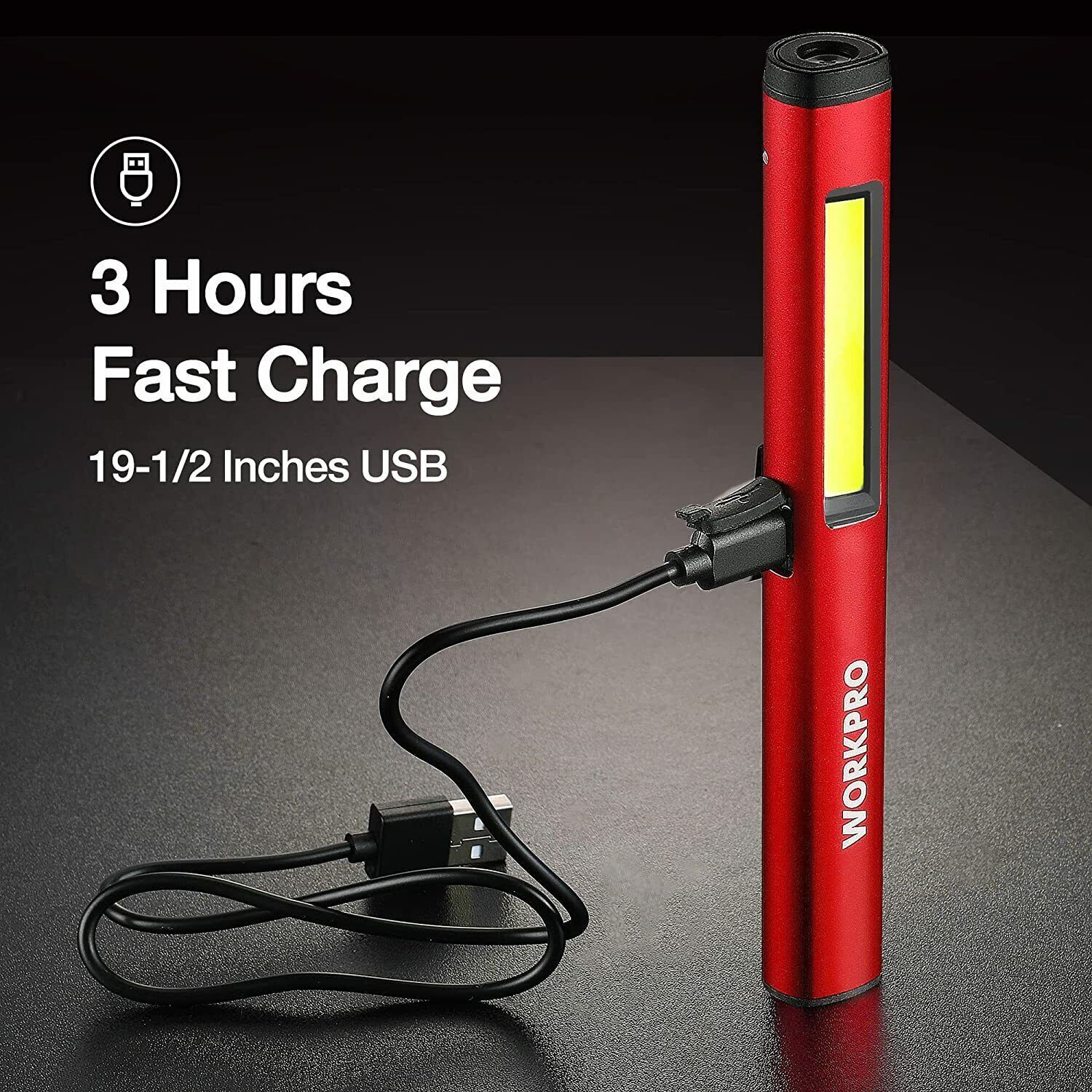 WORKPRO 450lumen USB Rechargable LED Flashlight Clip Light Penlight Pocket Light
