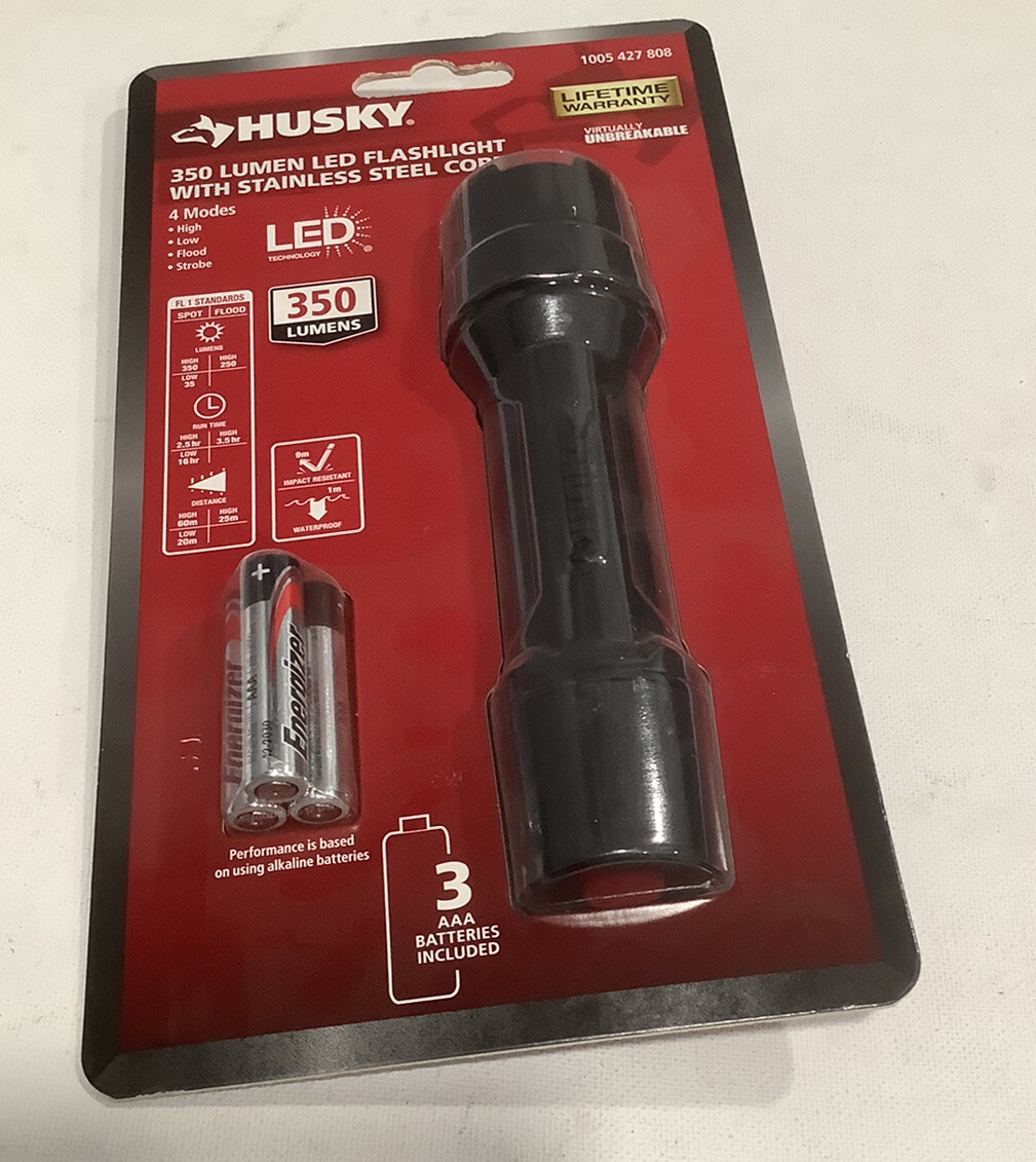 Husky 350 Lumens Tough Stainless Steel Core LED Flashlight – New