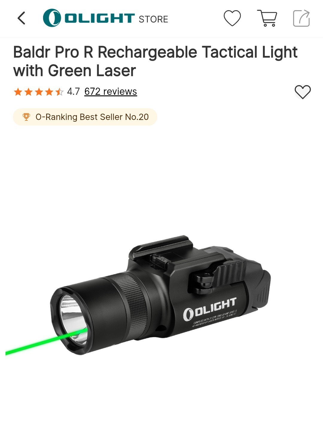 Olight Baldr Pro R Rechargeable Light w/LED & Green Laser, 1350 Lumens