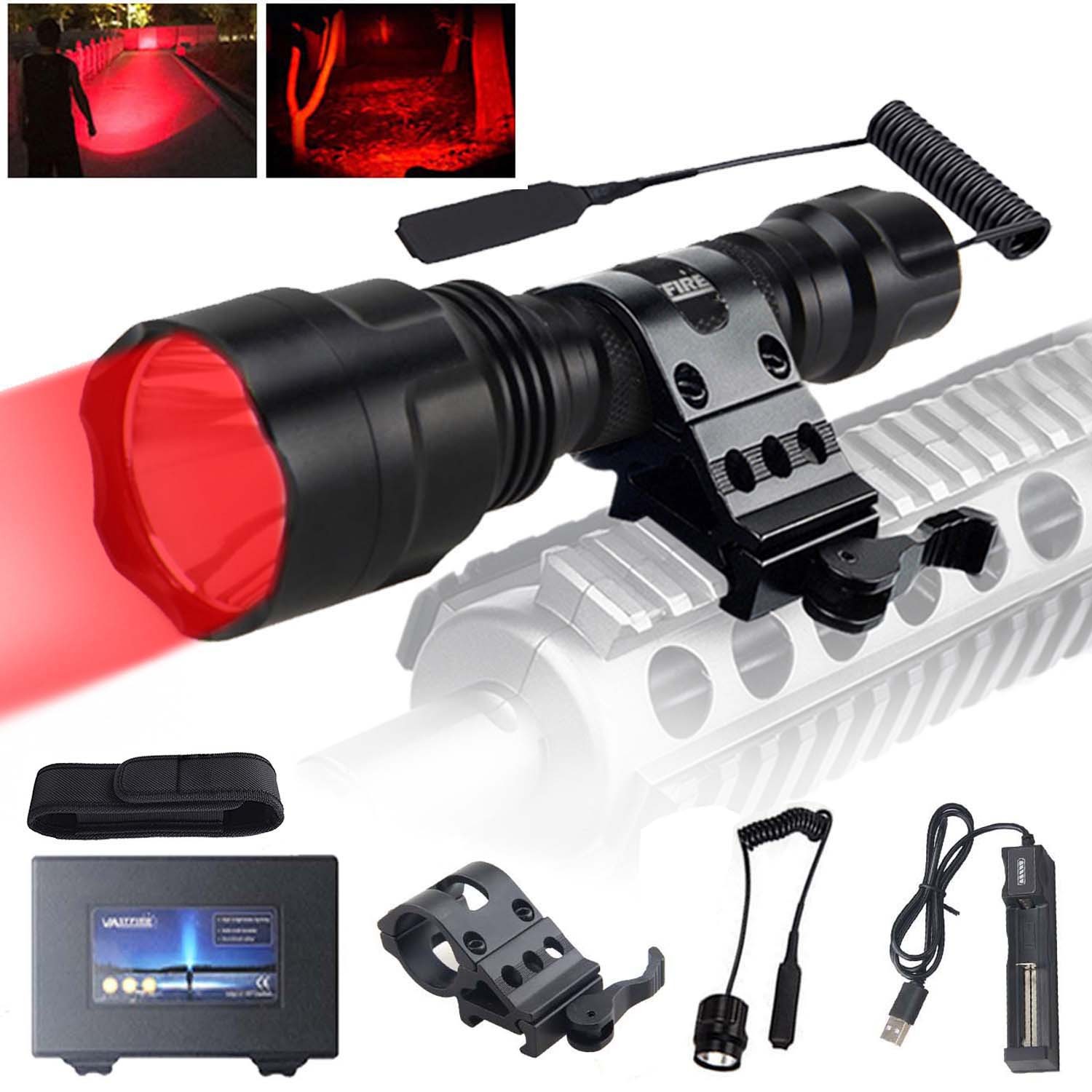 800Yards Hunting Red Light LED Flashlight Torch Quick Detach 20mm Picatinny Rail