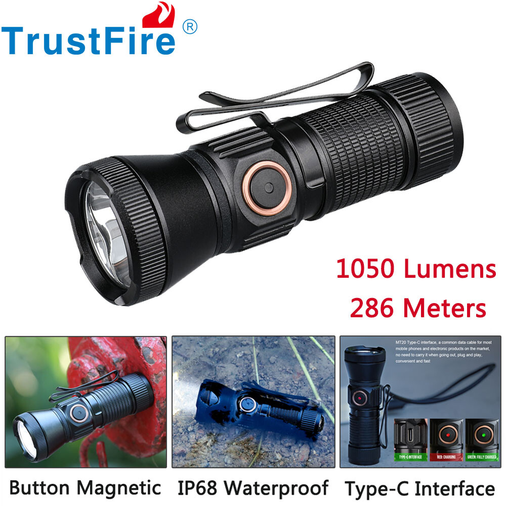 New MT20 EDC Portable LED Pocket Flashlight 1050LM 286M Range Rechargeable IP68