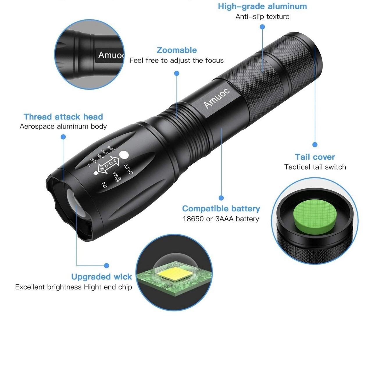 LED Flashlight Metal Finish IPX6 Waterproof , 2pack