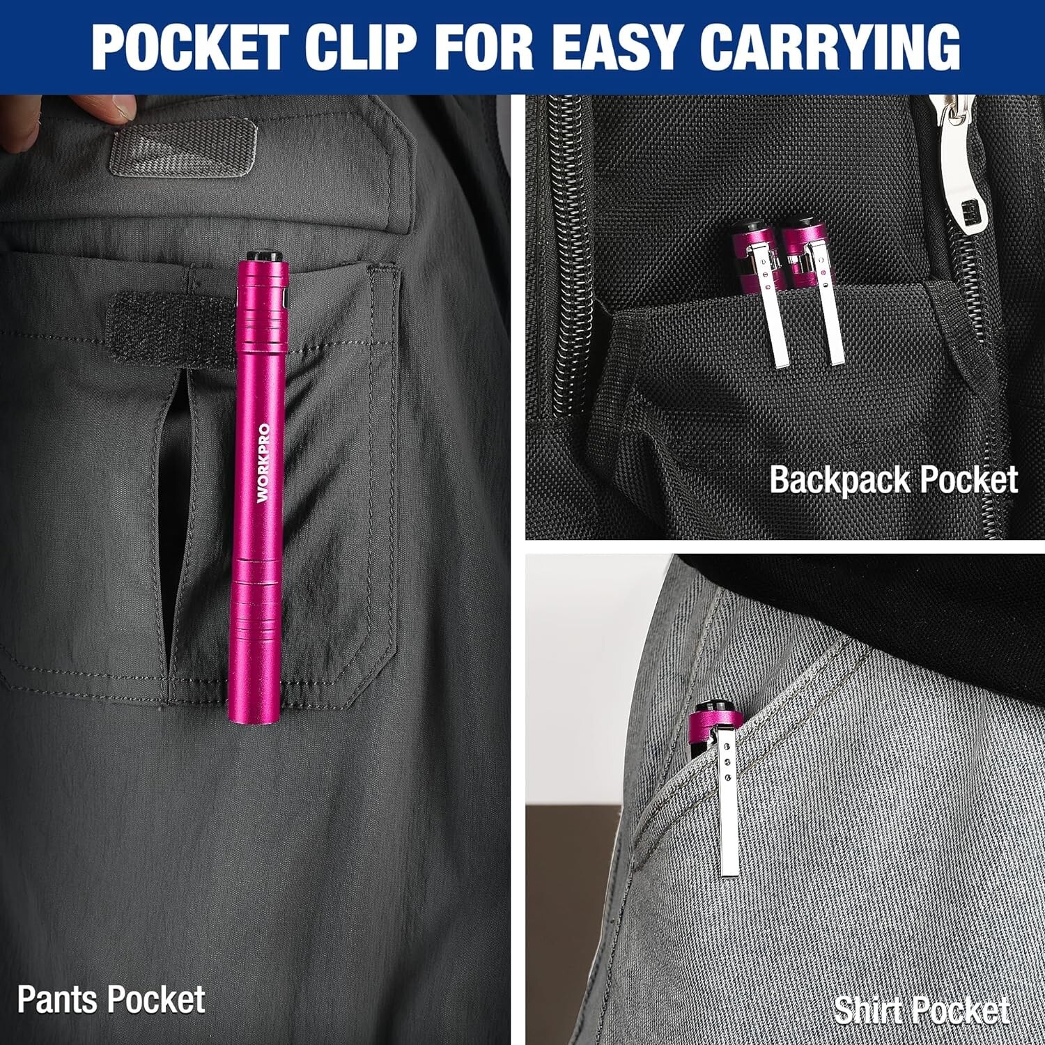 WORKPRO LED Pen Light Pink (4-Pack) Aluminum Pocket Flashlight with Clip NEW