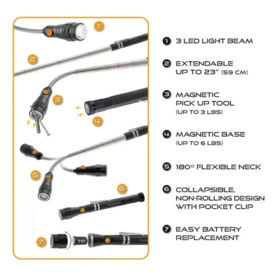 NEW – Farpoint, 3 LED’s Versa Flex Magnetic Pick Up Tool with 180º Flex Light