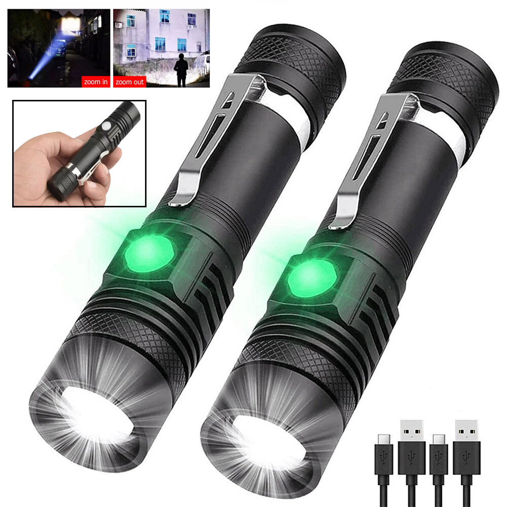 Mini LED Tactical Flashlight Super Bright Zoomable Hand Lamp Rechargeable 2pcs