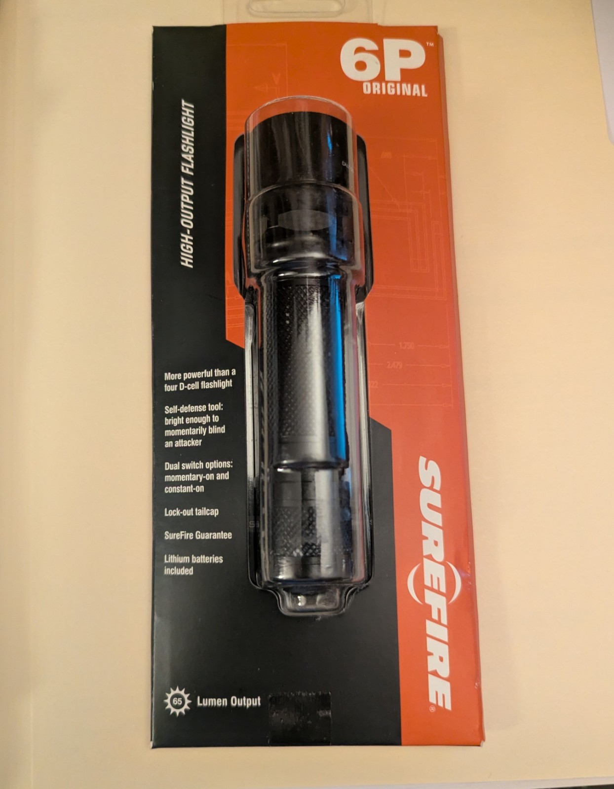 SureFire 6P Original 65 Lumen Xenon Flashlight Black IPX7 CR123A x2
