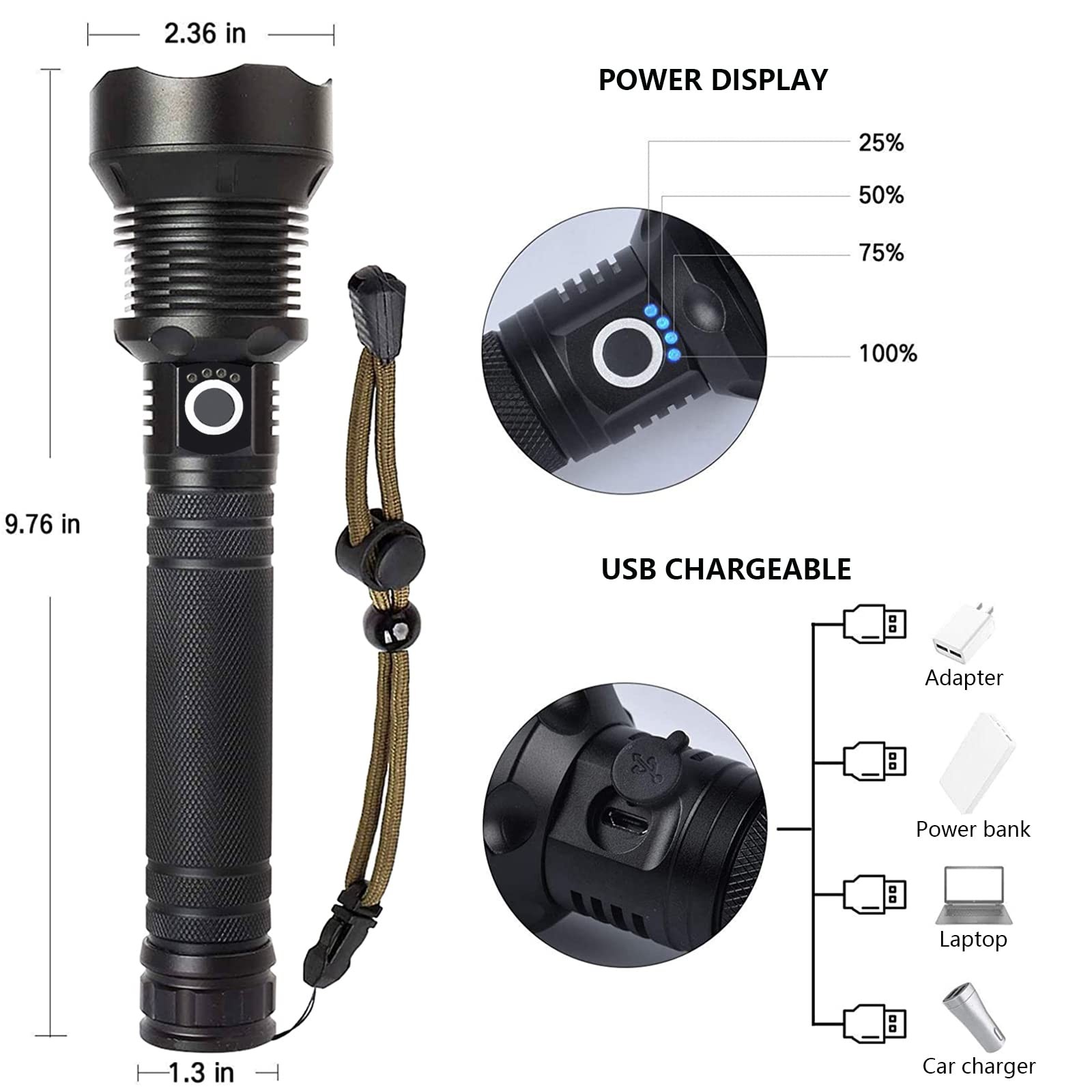 Rechargeable 90,000 Lumen LED Flashlight, 5 Modes, Waterproof, for Camping