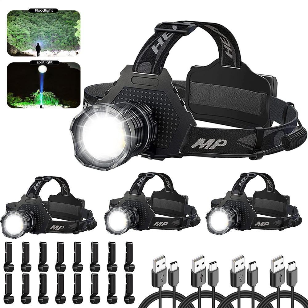 4PCS LED Headlamp Rechargeable Headlight Head Torch Outdoor Waterproof 100000LM