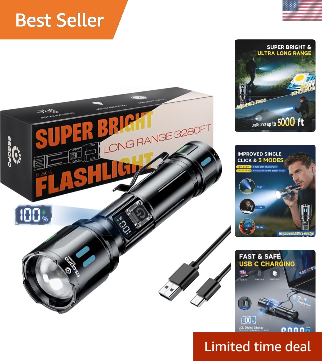 100000 Lumen USB-C Rechargeable Flashlight 6.69″ Length, for Camping Hiking Home