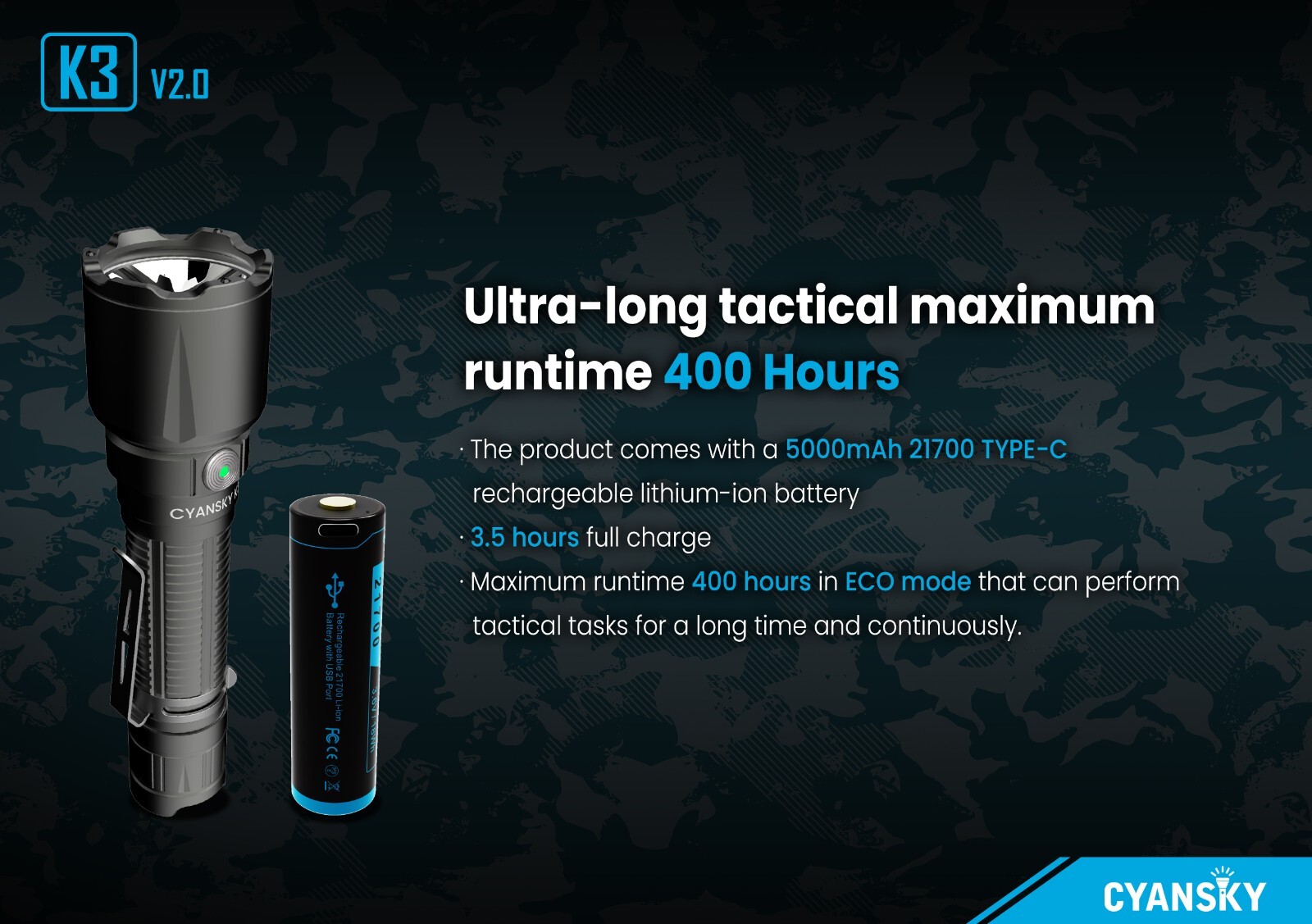 Cyanski K3V2 2000 lumen 700m Portable Tactical LED Flashlight 21700 18650
