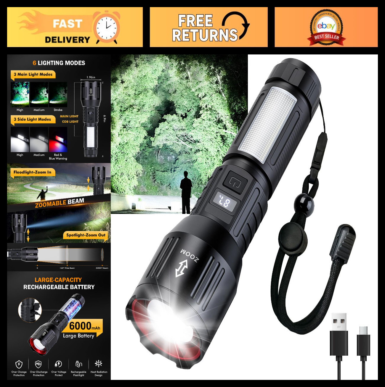 Super Bright 1,500,000L Rechargeable Tactical Flashlight, 6 Modes, Type-C, Long