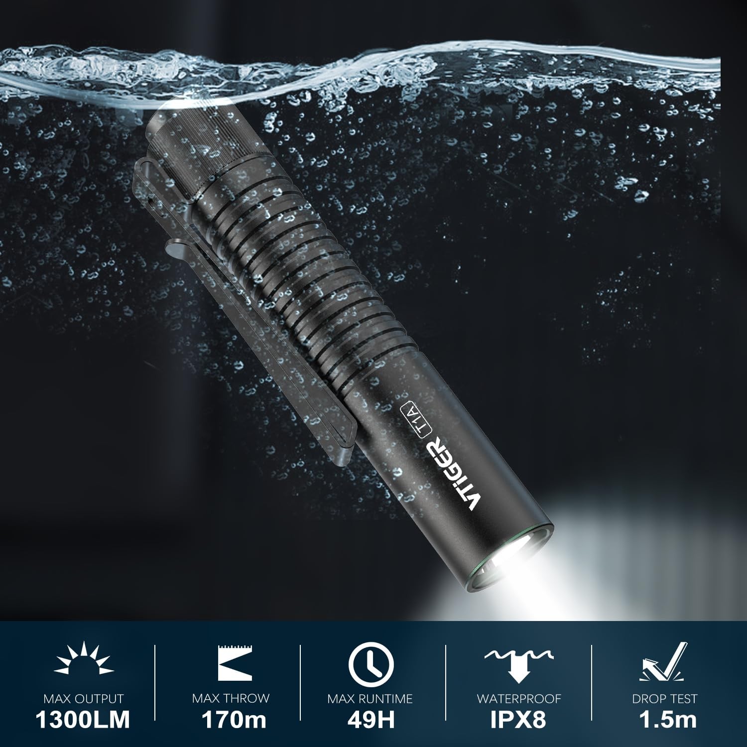 VTIGER Mini EDC Flashlight, 1300 Lumen AA Rechargeable LED Pocket Light
